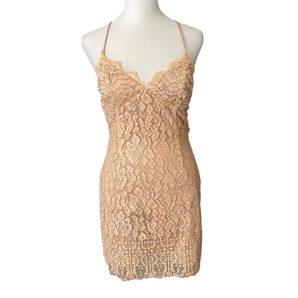 NBD Small Mini Dress Lace Vneck Open Back Peach Orange Sheath Cocktail